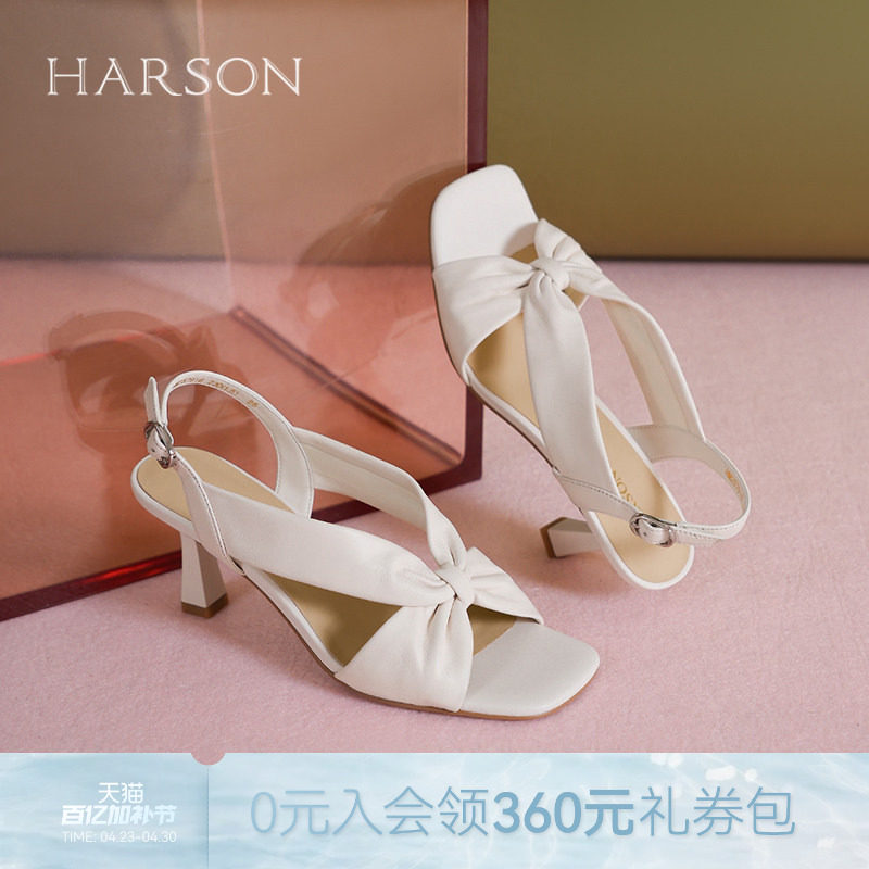 哈森时尚高跟凉鞋女夏季新款蝴蝶结绑带真皮罗马鞋HM257916