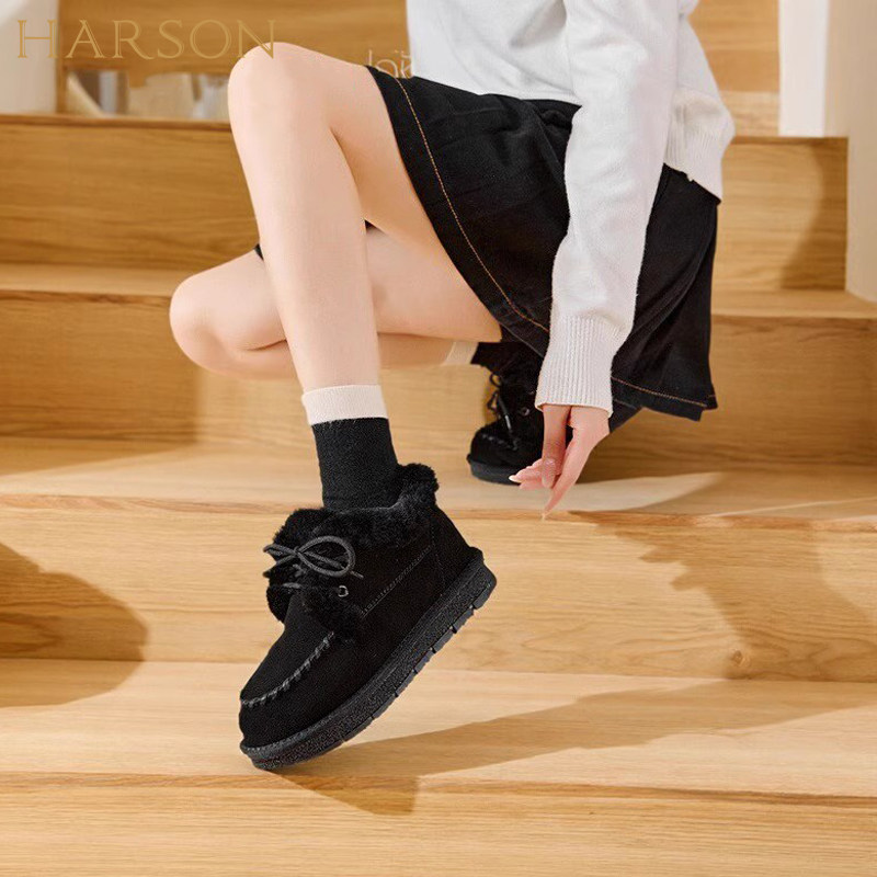 Harson/哈森毛绒雪地靴女冬季系带加绒保暖爆款棉鞋软底短靴