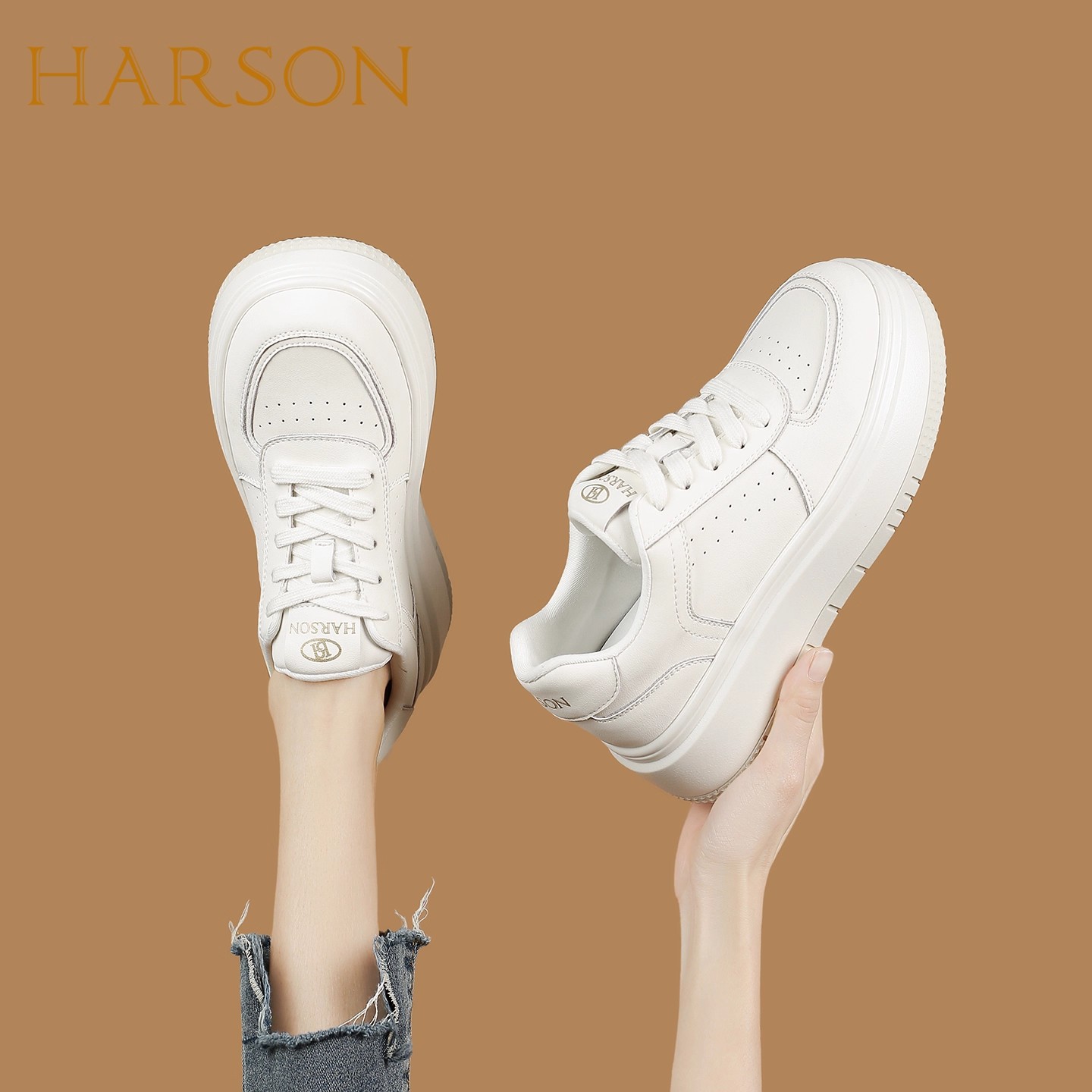 哈森厚底板鞋女系带休闲运动鞋