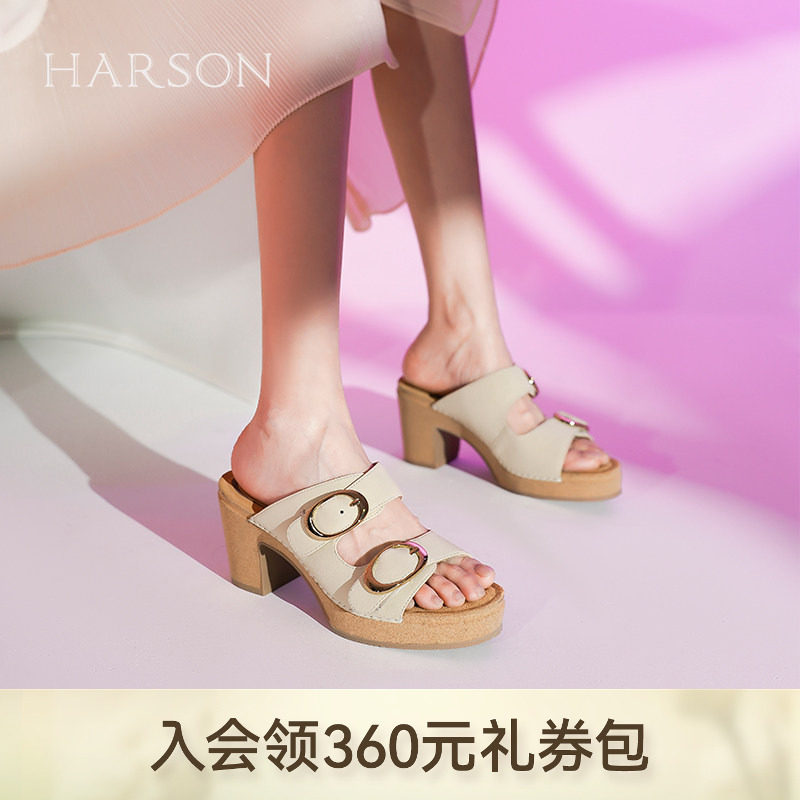 哈森拖鞋女新款夏季复古防水台粗高跟软木勃肯鞋外穿凉鞋HM2374