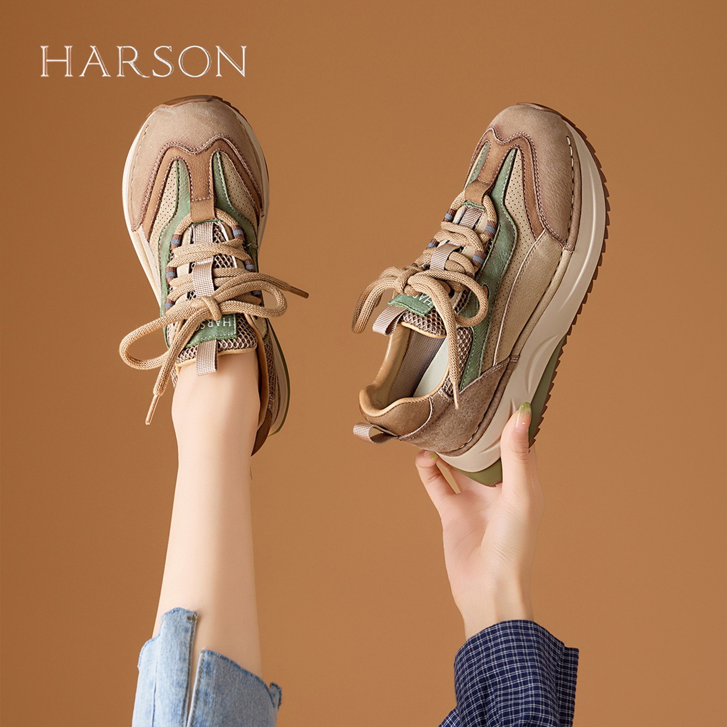 哈森复古厚底拼色运动休闲鞋