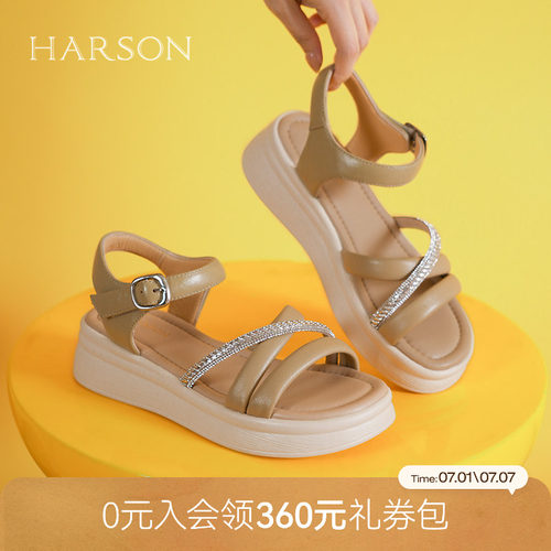 哈森真皮厚底凉鞋女夏季新款水钻一字带沙滩鞋HWM250101