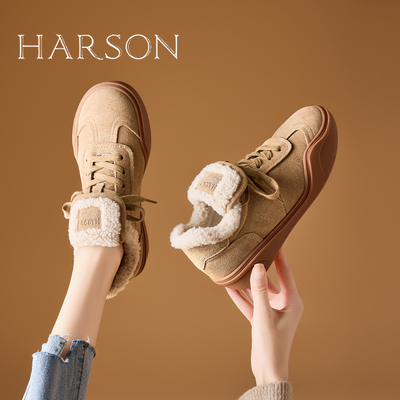 哈森复古休闲鞋厚绒保暖