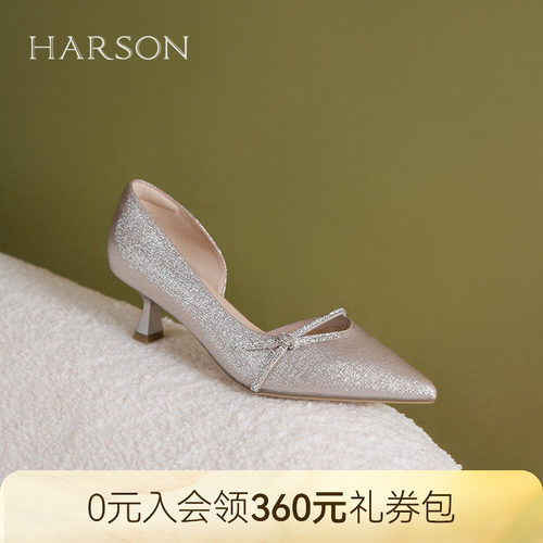 哈森法式时装鞋夏季新款蝴蝶结尖头细跟侧空包头凉鞋HM256015