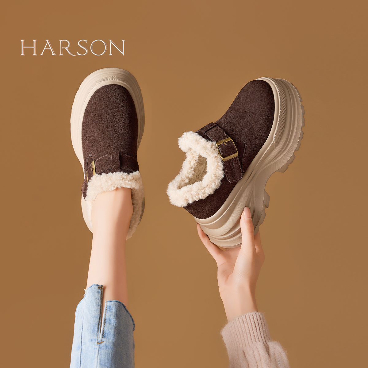 哈森2025新款冬季厚底增高勃肯鞋