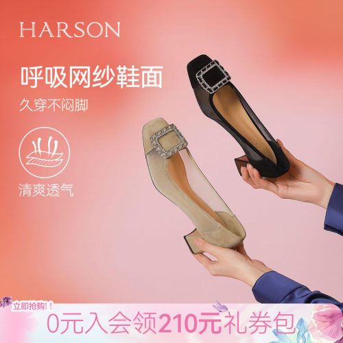 哈森/HARSON都市缪斯夏新款网纱透气高跟鞋粗跟单鞋HWS260200