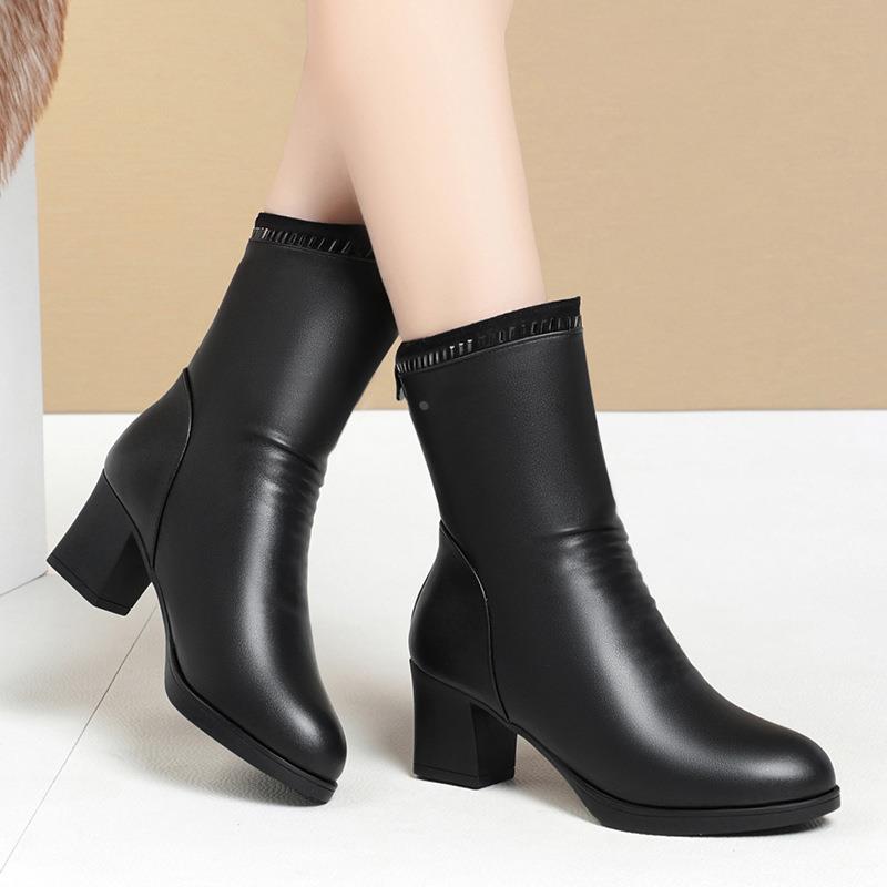 欧洲站棉鞋妈妈鞋子秋冬2024新款中筒靴女不过膝皮靴中靴加绒靴子