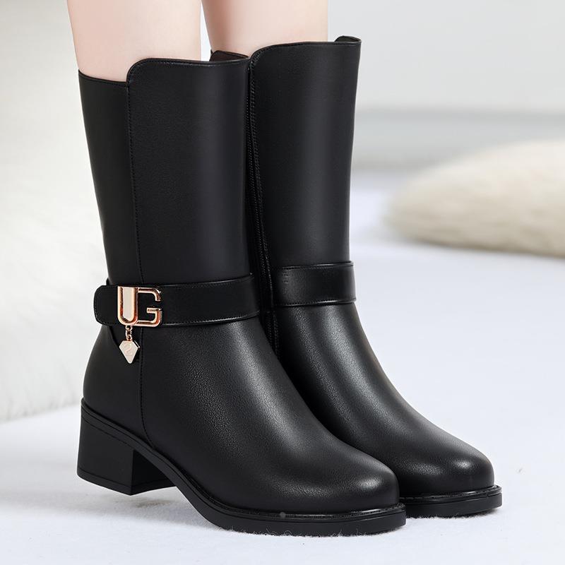 欧洲站中老年妈妈靴子女冬中筒靴软皮加绒皮靴2024年新款棉鞋保暖