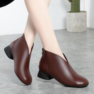 欧洲站简约复古春秋单靴女2024冬季 加绒软底圆头妈妈靴子后拉 新款