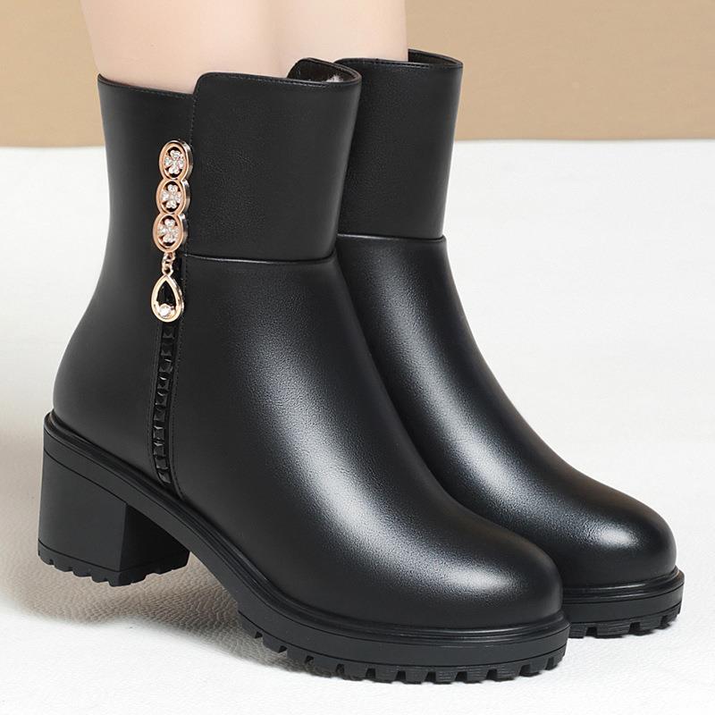 欧洲站中老年妈妈鞋秋冬新款马丁靴软皮棉鞋加绒加厚大棉靴子粗跟