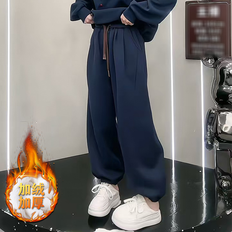 加绒藏蓝色束脚卫裤女秋冬新款