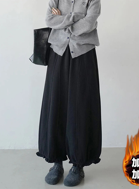 大码松紧腰花苞裤女黑色加厚高腰宽松遮肉显瘦保暖舒适柔软休闲裤