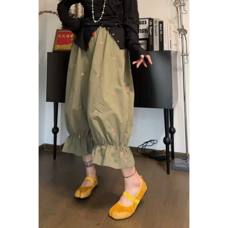 韩系卡其色碎花七分裤女夏季爆款