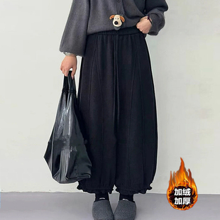 加绒加厚小个子直筒休闲裤 女秋冬季 胖mm木耳边束脚花苞灯笼裤 大码