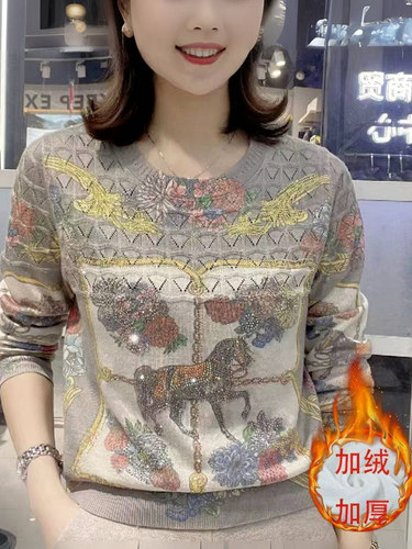印花烫钻长袖上衣女宽松显瘦