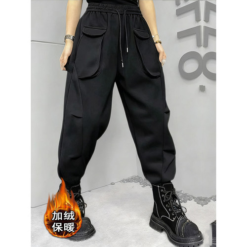 个性设计感口袋工装加绒卫裤女