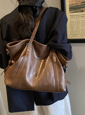 红鹮鸟2026秋大容量学院风单肩简约通勤复古托特包学生斜挎包