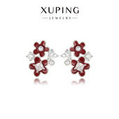 旭平新年红色滴釉红花间花朵耳钉高级感复古优雅甜美气质耳饰