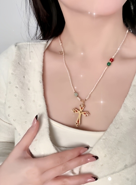 旭平白色编制绳十字架项链小众个性时尚轻奢高级感甜酷长款毛衣链