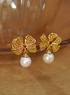 旭平中古vintage花丝镂空蝴蝶结仿珍珠耳钉轻奢高级感复古耳饰女