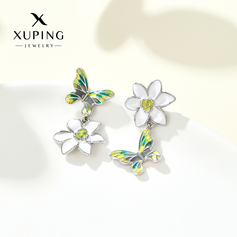 旭平油画梦蝶清新法式春夏新款珐琅彩釉水仙花蝴蝶流苏灵动耳钉女