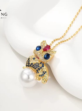 旭平国潮时尚复古可爱蓝色醒狮人鱼姬项链休闲街拍网红锁骨链GDW