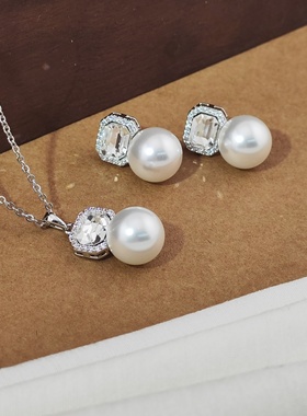 旭平方形经典仿水晶套装法式优雅仿珍珠轻奢感两件套