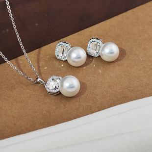 旭平方形经典仿水晶套装法式优雅仿珍珠轻奢感两件套