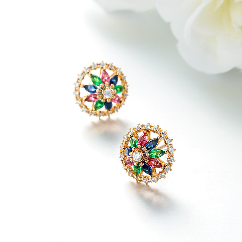 旭平彩宝系列彩色花环耳钉女微镶满锆耳饰时尚轻奢小众设计高级感