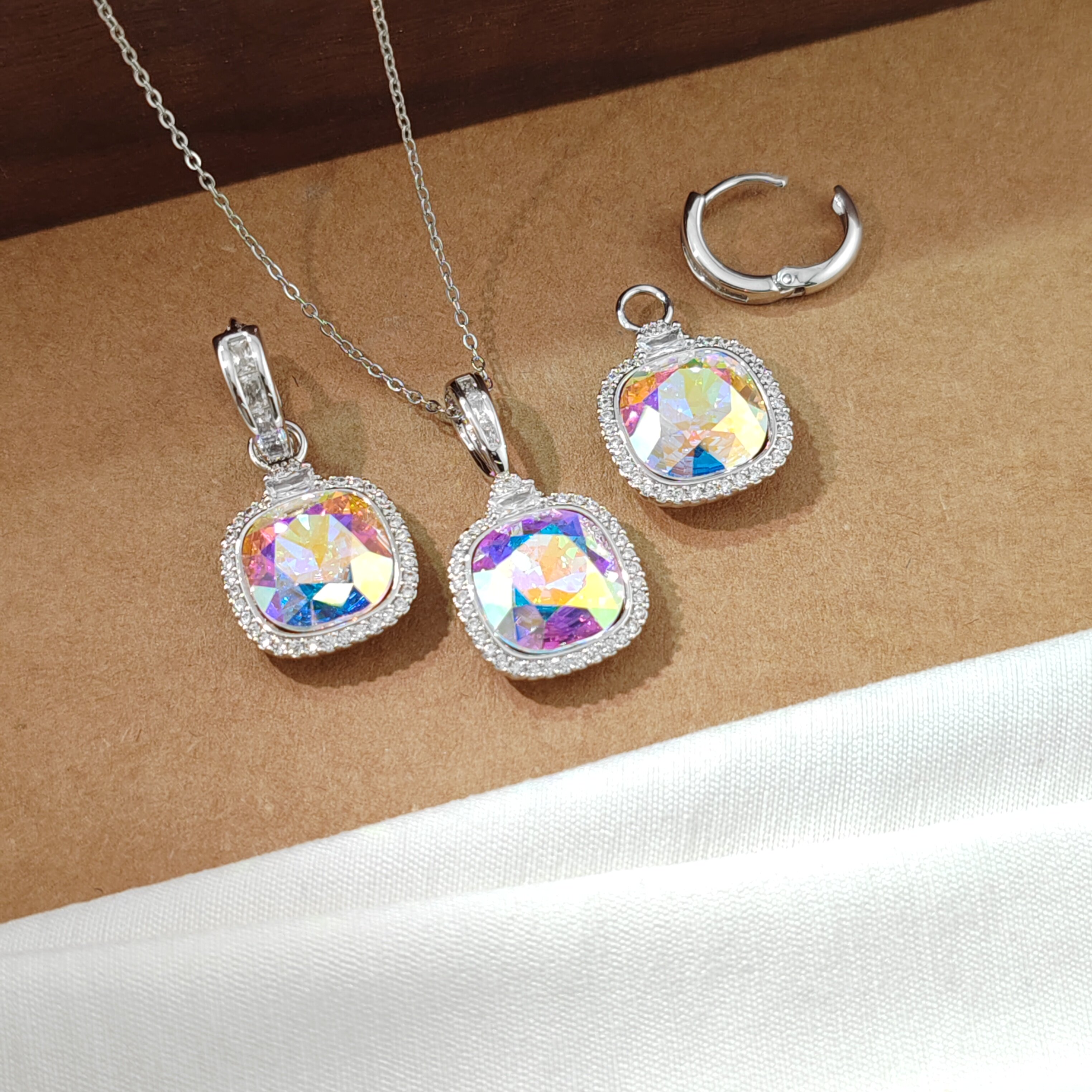 旭平仿水晶肥方耳饰项链两件套项链约42+5cm