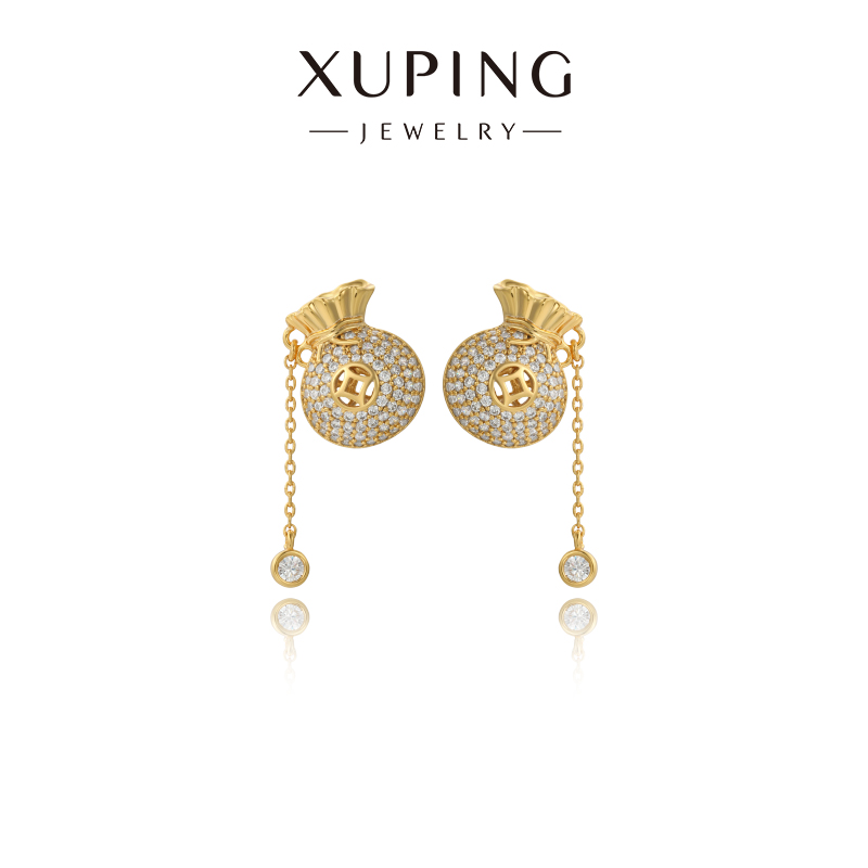 旭平新中式气质复古优雅时尚仿黄金色微镶钱袋子福袋流苏耳钉耳饰