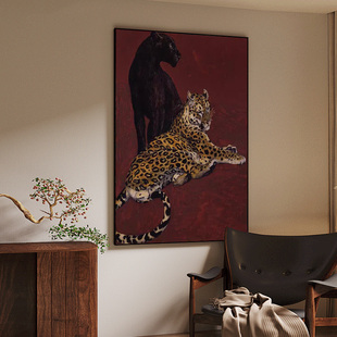 暴富中古风客厅装饰画玄关竖版金钱豹高级感肌理挂画复古艺术壁画