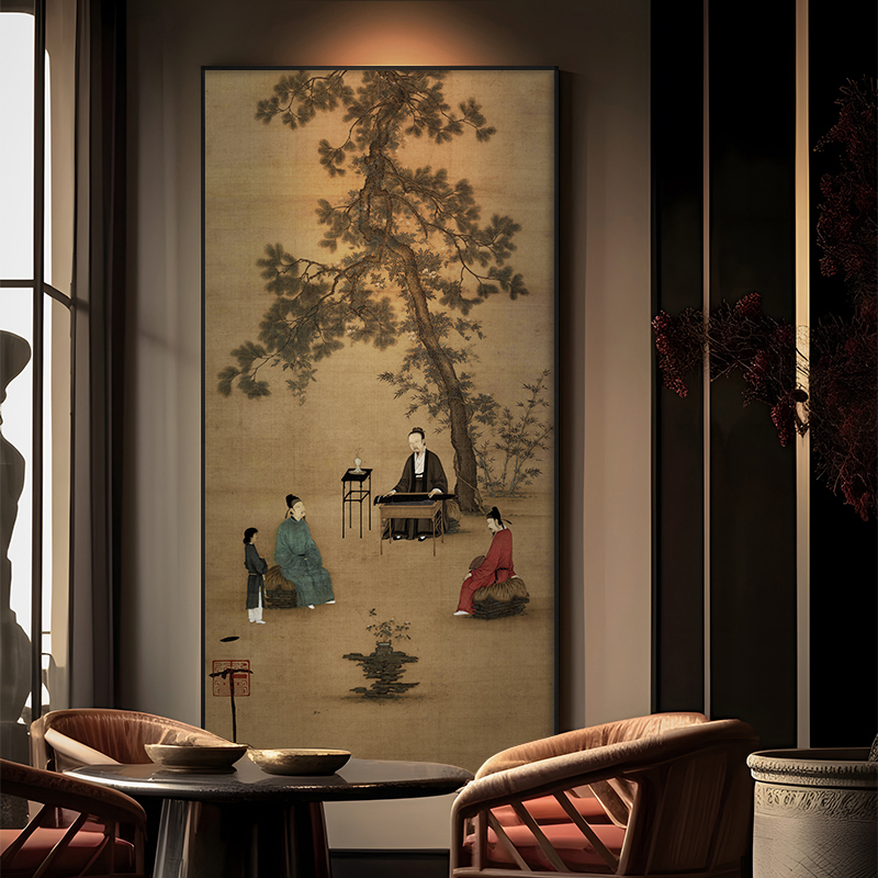 听琴图新中式玄关装饰画中古风客厅山水挂画酒店茶室竖版壁画带框图片
