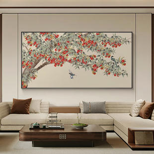 荔枝图客厅挂画沙发背景墙横幅装饰画新中式餐厅寓意好花鸟壁画框
