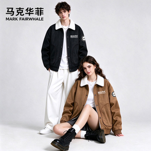 马克华菲冬季2026新款撞色羊羔毛翻领棉服男款加厚保暖外套上衣