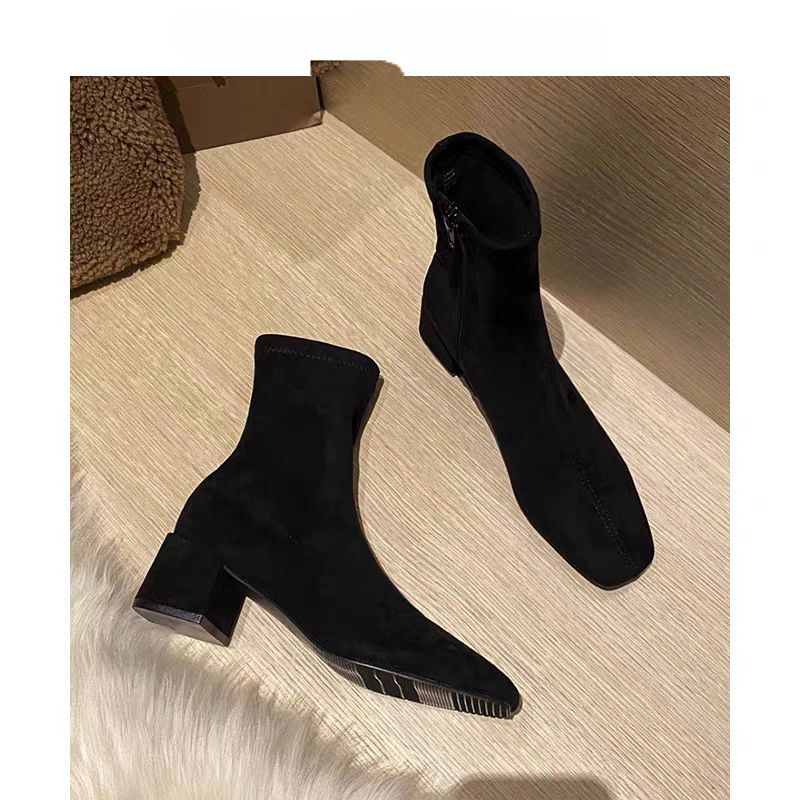 粗跟短靴女瘦瘦靴高跟鞋女秋冬季绒面靴子方头袜靴女弹力靴