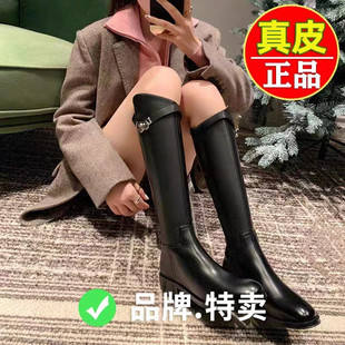 靴子女新款金属锁扣骑士靴粗跟斜口膝长筒靴黑色秋冬长靴