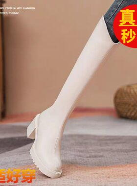 新款潮鞋女士高跟不过膝长筒靴子瘦瘦骑士单秋冬绒马丁靴时