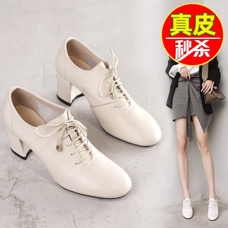 小白鞋新款深口系带粗跟单鞋女英伦风小皮鞋百搭软皮高跟鞋