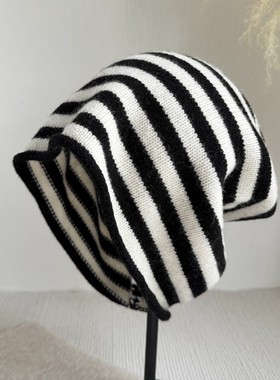 条纹羊毛针织帽男女保暖冷帽秋冬加厚毛线堆堆帽黑白条纹帽套头帽