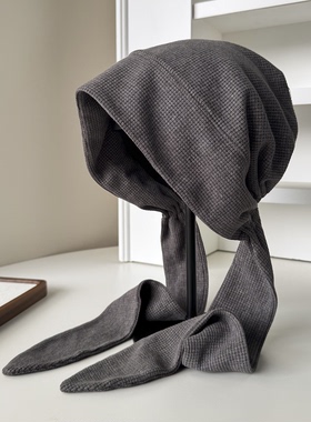 2025秋冬新款日系简约可爱绑带萝莉兜兜帽大头围可戴护耳帽冷帽潮