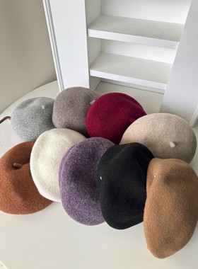 秋冬新款韩版百搭羊毛贝雷帽立体定型画家帽黑色复古显脸小画家帽