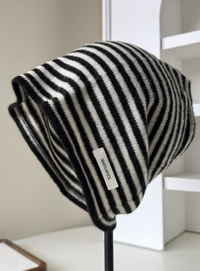 羊毛针织日系复古条纹堆堆帽秋冬百搭保暖包头帽冷帽显脸小毛线帽