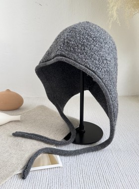 日系针织帽女秋冬保暖毛线帽长辫系带羊毛冷帽大头围时尚帽护耳帽