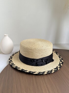 法式文艺平顶草帽女夏季编织平沿遮阳防晒度假沙滩帽子拉菲草海边