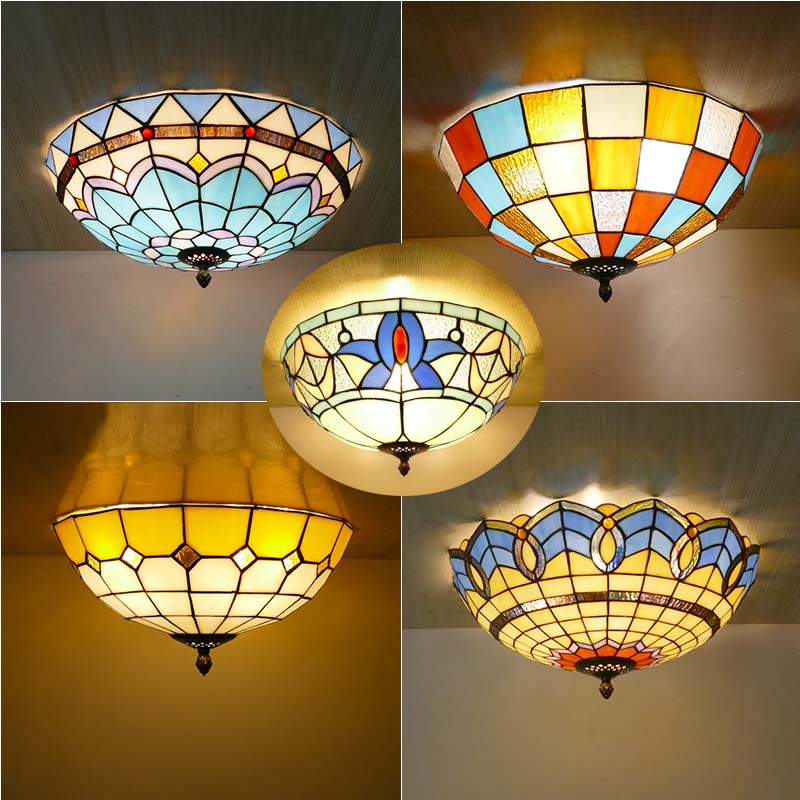 欧美式地中海卧室门厅过道走廊阳台琉璃吸顶灯蒂凡尼彩色玻璃灯