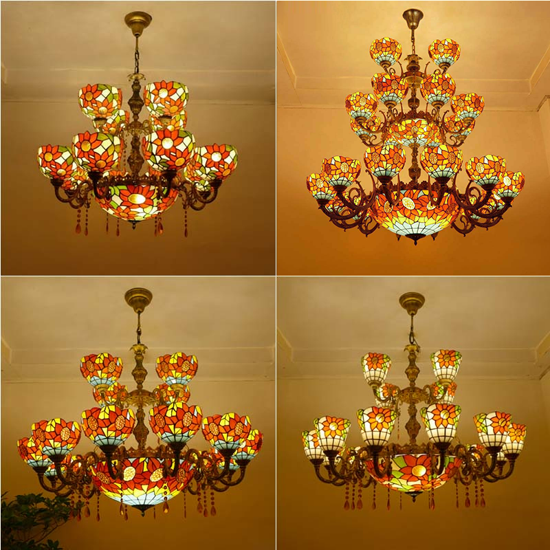 蒂凡尼客厅复式楼多层合金吊灯欧式酒店大堂大直径玻璃灯饰led灯