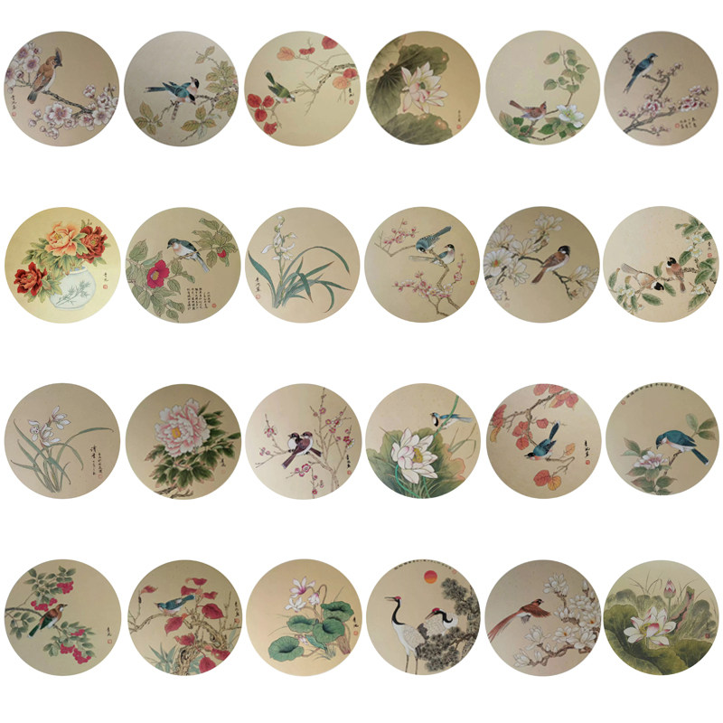 国画工笔画打印白描底稿圆形花鸟初学者临摹勾线练习
