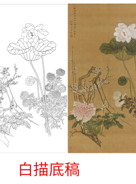 工笔画打印白描底稿竖幅没骨四季花卉图清线描用于初学者临摹创作