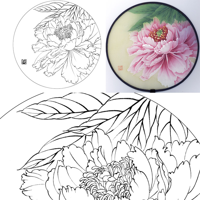(有步骤图)工笔画打印白描底稿郑玲玲圆形团扇初学者临摹勾线练习